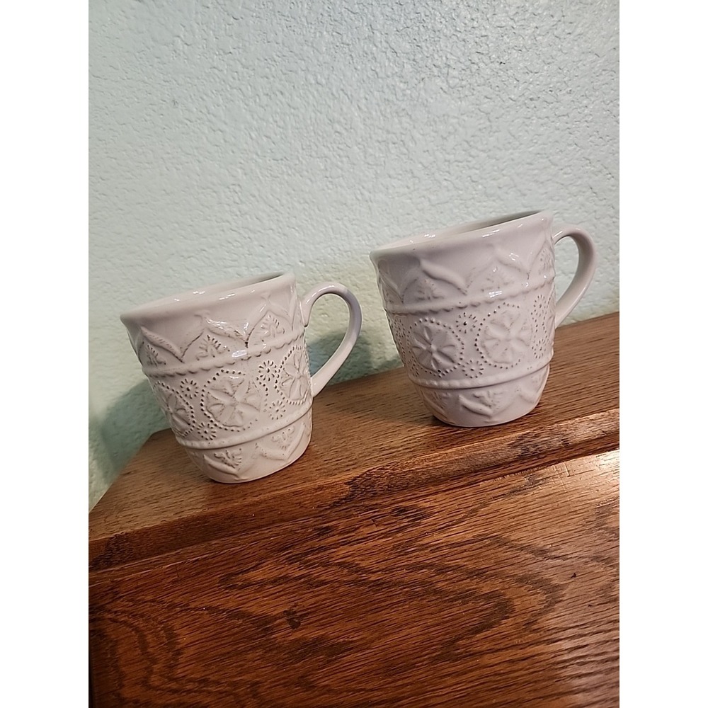 (2) Pier 1 Stoneware Coffee Mugs Hand Painted Chateau Clair Ivory-White Embossed